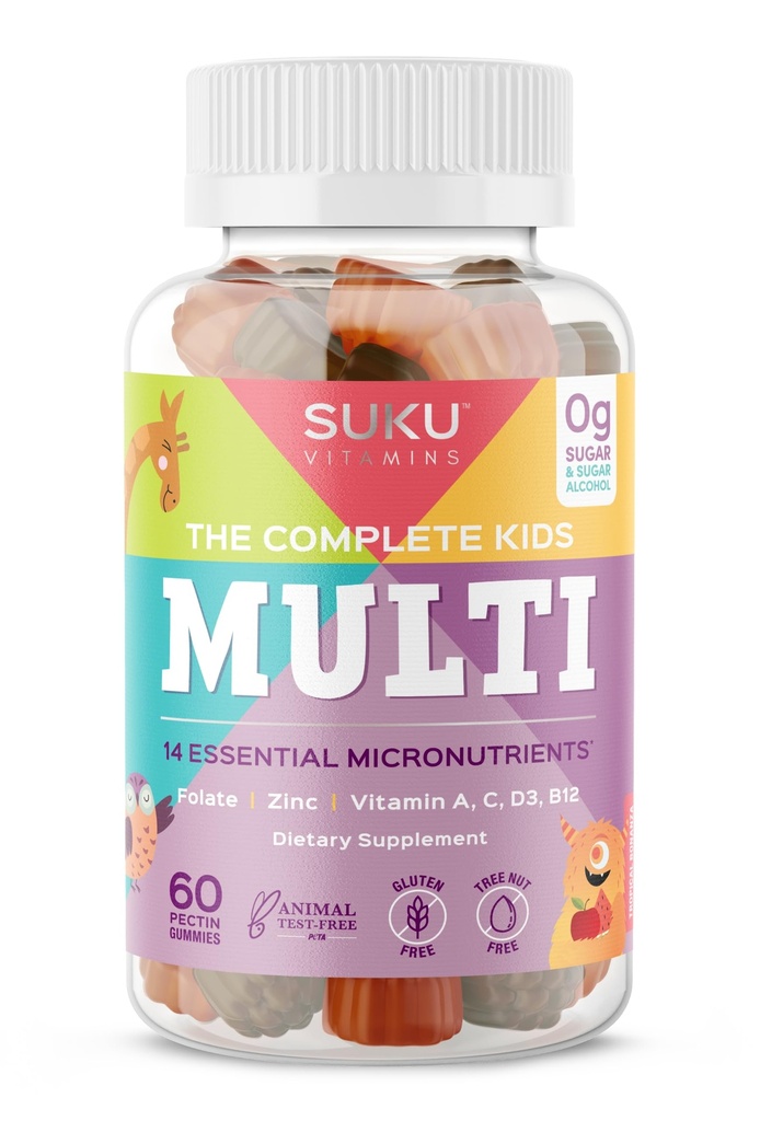 SUKU The Complete Kids Multivitamin Gummies - Vitaminer A, C, D, E, B6, B12, Folat & Sink - Immunstøtte, Sukkerfri, Glutenfri, Ikke-GMO, Tropisk Bonanza Flavor - 60 count