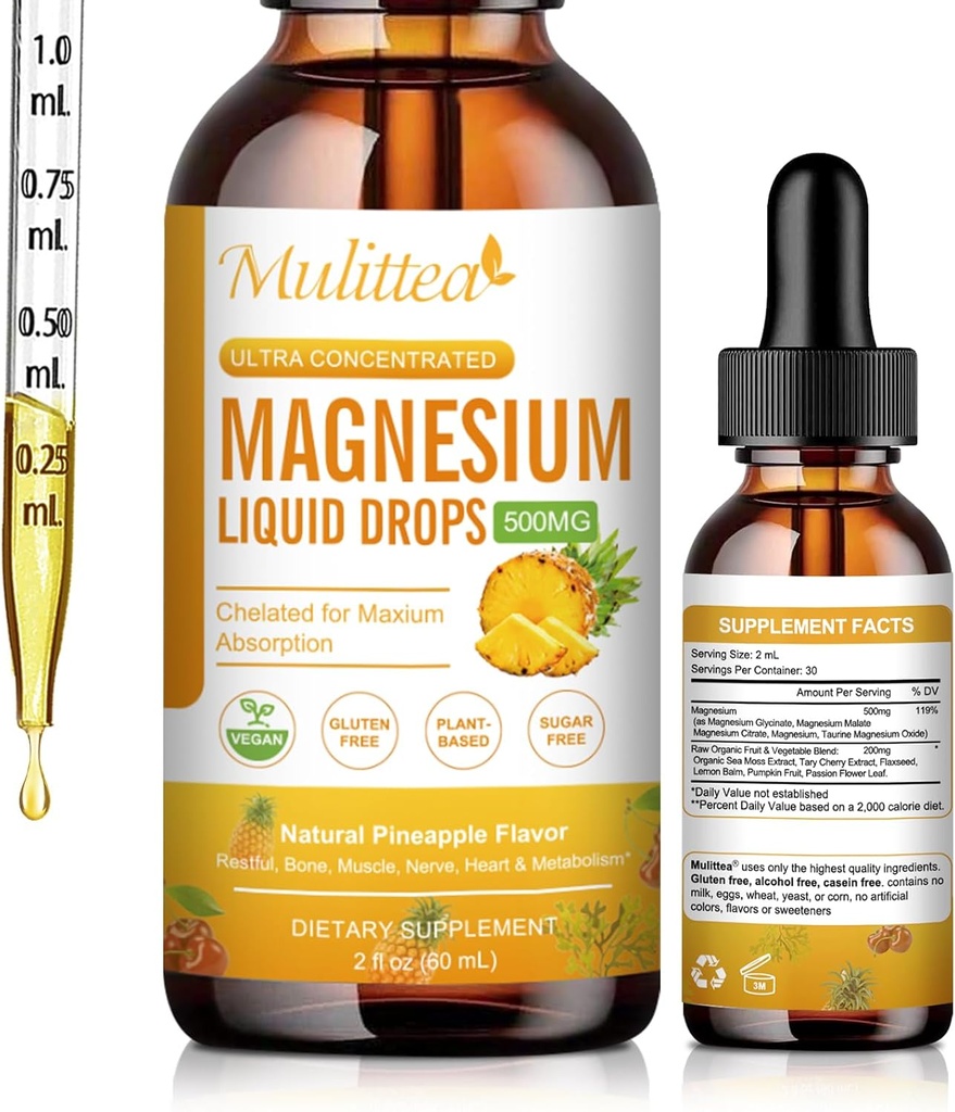 Magnesium flytende dråper - høy absorpsjon 5-i-1 magnesiumkompleks Supplement med magnesiumglucinat, malat, Citrat, Taurate - for ben, muskler, Nerver og energi - Vegan, sukkerfri, 2 fl.oz