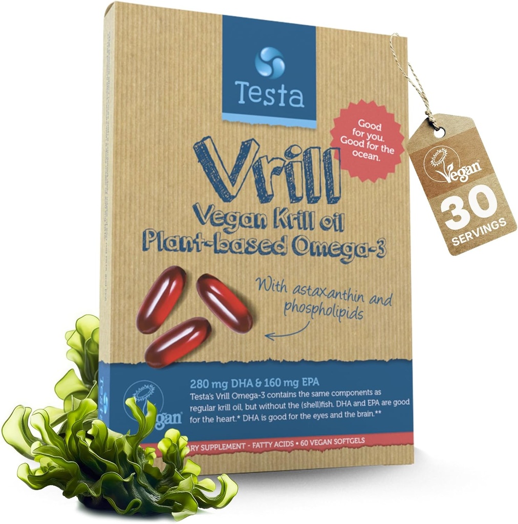 Testa Omega 3 Vegan krill Supplement-1000 mg Softgels, 2 ganger mer Omega-3, DHA, EPA, Astaxanthin, Fosfolipider - hjerte, hjerne, øye, felles støtte - ikke fra fisk, Algae Source - 60 Softgels