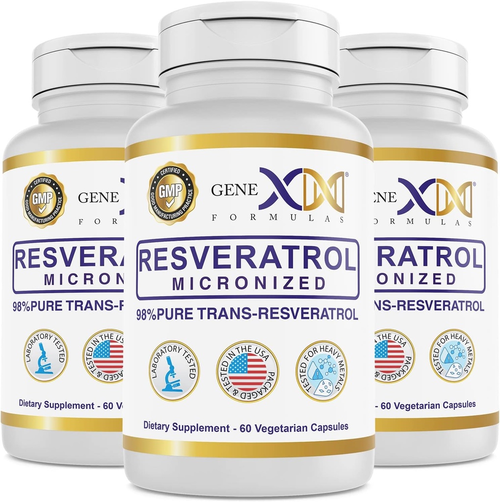 Genex Formler 98% Rene Trans-Resveratrol med BioPerine® for absorpsjon (3 Pack) Mikronisert, Lab-testet, Fullstendig Stabilisert Resveratrol 600mg - 180X Trans-Resveratrol kapsler for sunn aldring