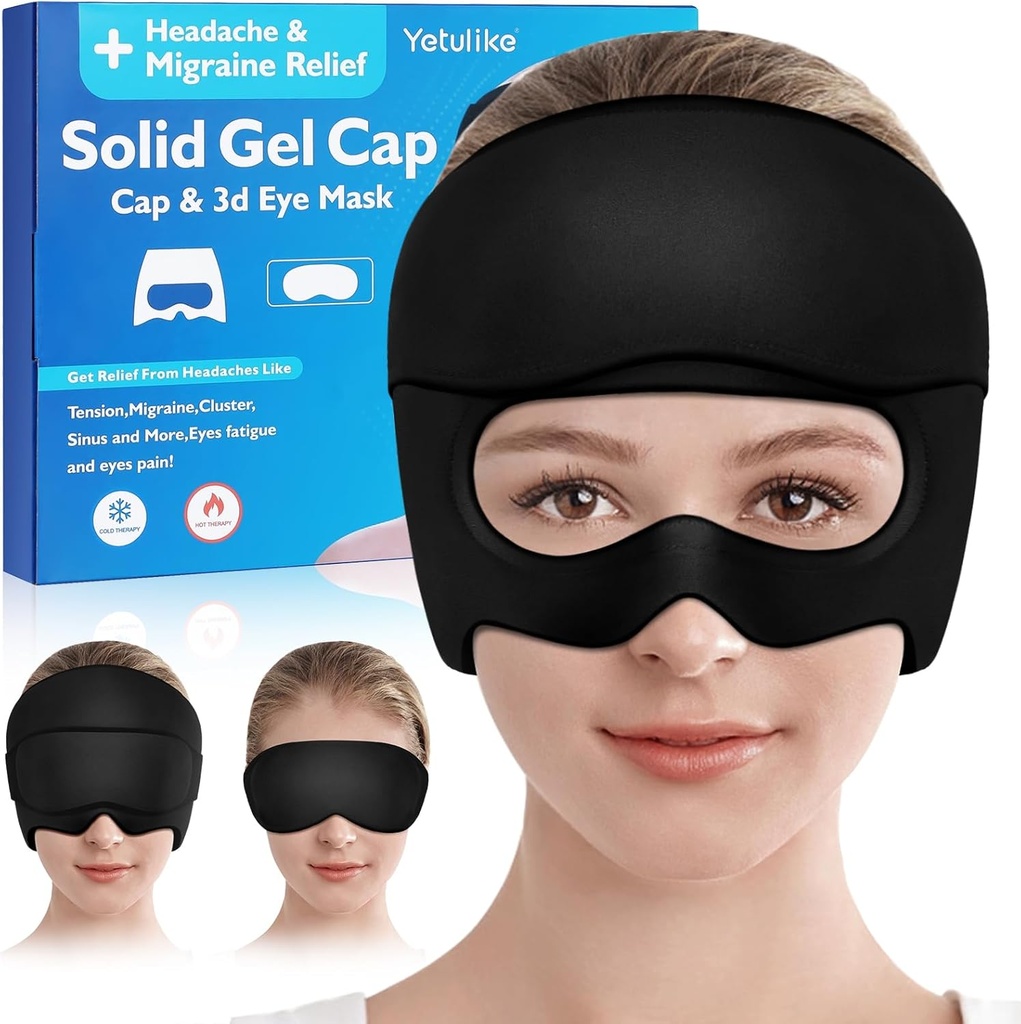 Hodepine Relief Hat, Soothing Migraine Relief Cap Gel Ice Head Wrap hodepine Øyemaske for Sinus, Puffy Øye, Tension og Stress Relief - Varm og kald terapi