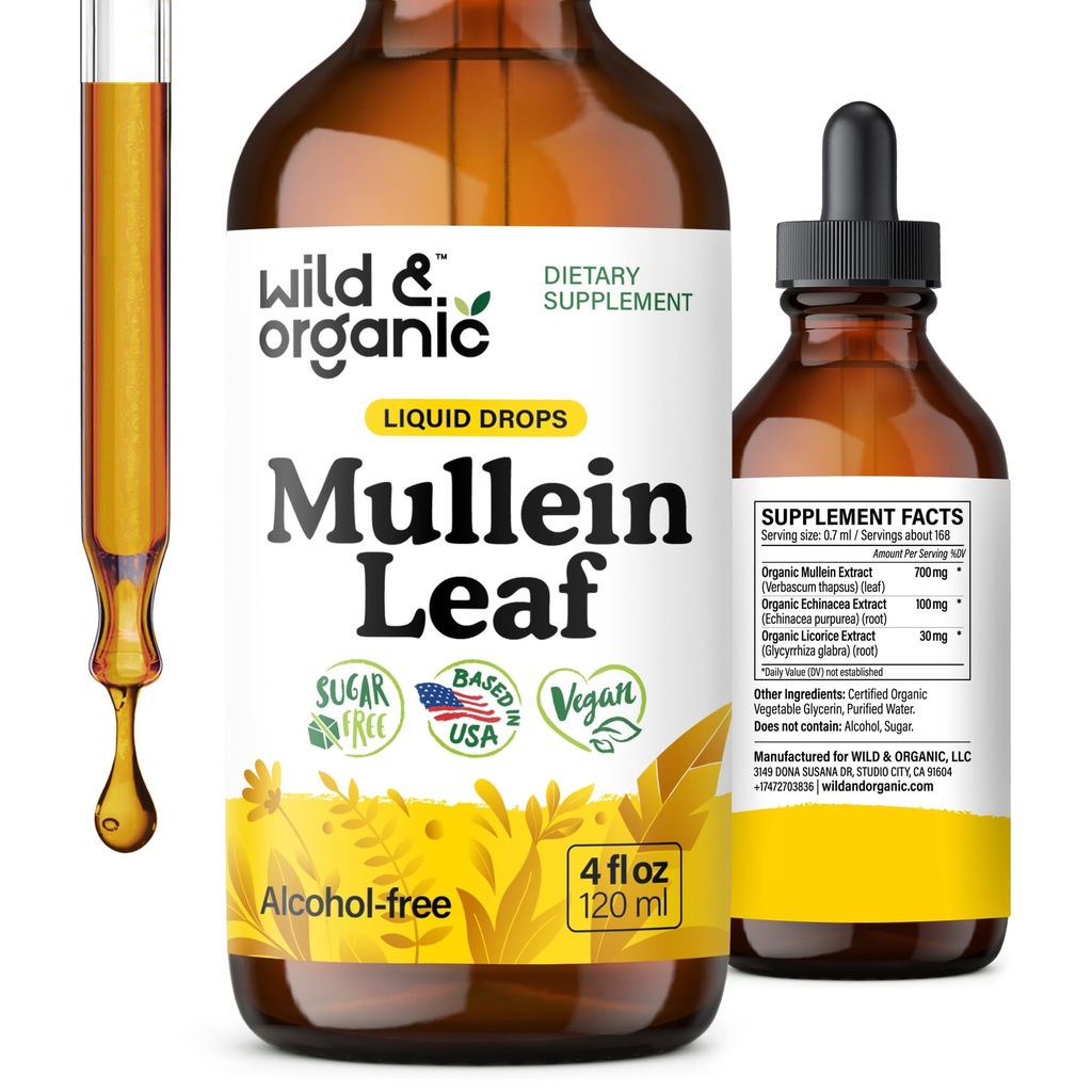 Wild & Organic Mullein Tinktur - Lung Cleanse og Detox - Flytende Mullein Leaf Ekstrakt for Lungs med Echinacea - Verbascum Thapsus Drops - Vegan, Sukker & alkohol-fri supplement - 4 fl oz