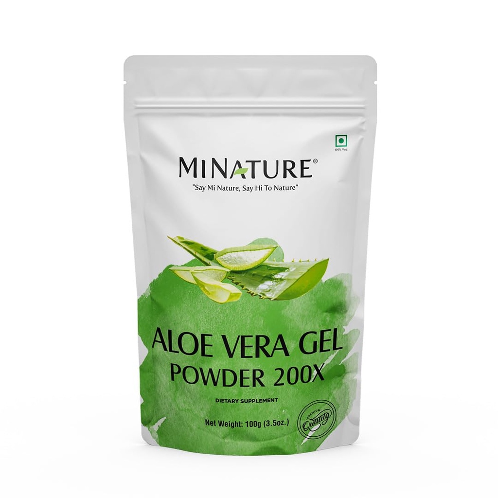 Aloe Vera Gel Powder 200x by mi Nature | Naturlig og ren | Aloe Barbadensis | 100g (3.5oz) | Høyt konsentrert (200x) | Digestiv støtte | Egnet til kosmetiske formuleringer