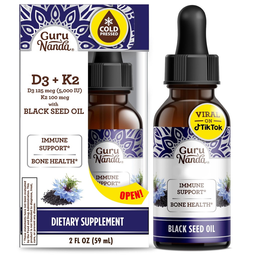 GuruNanda svart frøolje, kaldpresset Nigella Sativa - rik på vitamin D3 5000 enheter, K2 & E, høy tymokinon | Potent antioksidant for immunstøtte, ikke-GMO, 2 floz