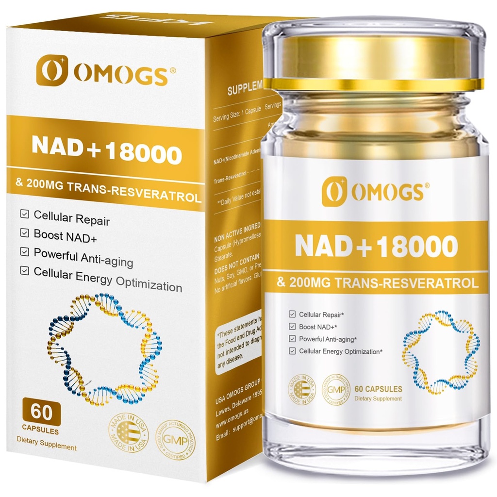 OMOGS NAD + 300 mg + Trans-Resveratrol 200 mg, ren NAD Supplement, Max Absorpsjon, Økning Supplement for DNA Reparasjon, sunn aldring, Cellular Energy & Longevity, 60 Kapsler