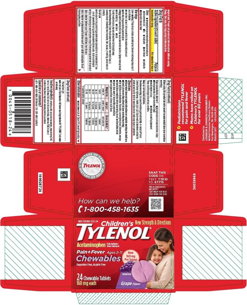Tylenol Barnesmerter + feber Chewable tabletter Grape Flavor - 24 ct, pakke med 4