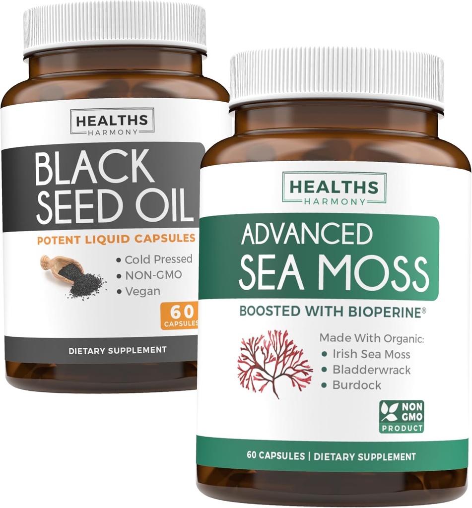 Svart Seed Olje & Irsk hav Moss (1-måneders forsyning) - Velvære Duo Bundle av svart frøolje (60 kapsler) Kaldpresset Nigella Sativa & Irsk sjø Moss (60 kapsler) med Bioperine og Bladderwrack