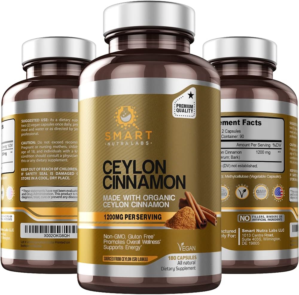 Smart Nutra Labs Organic Ceylon kanel Supplement 1200mg per servering, 180 Vegan Capsules, 100% ren, sann ceylon kanel