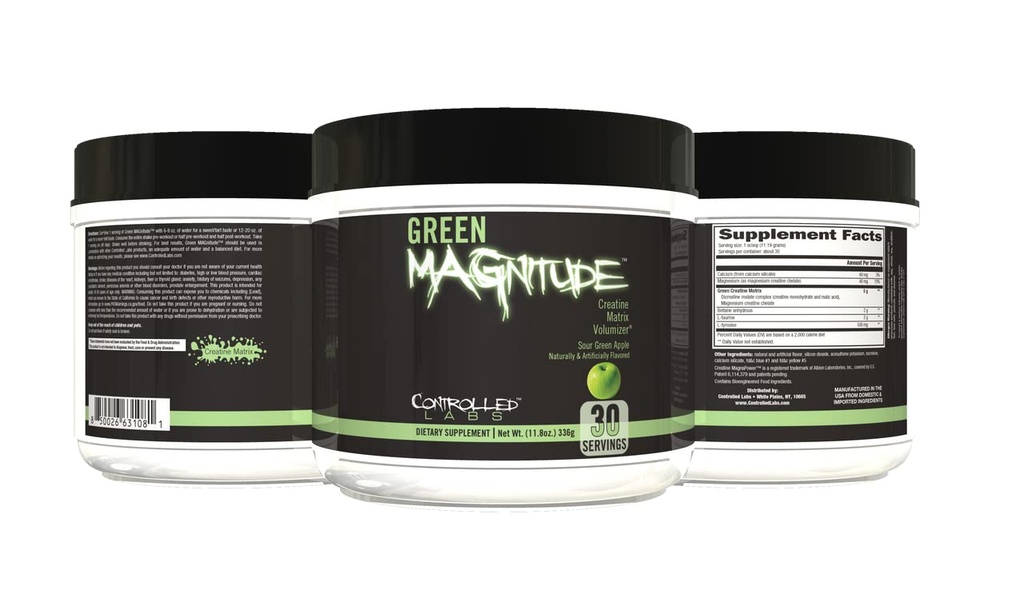GJENNOM LABS Grønn Magnitude Supplement, Synergistisk Kreatine Formula Powder, fremmer styrke, utholdenhet og ytelse, (Sour Green Apple, 30 Services)