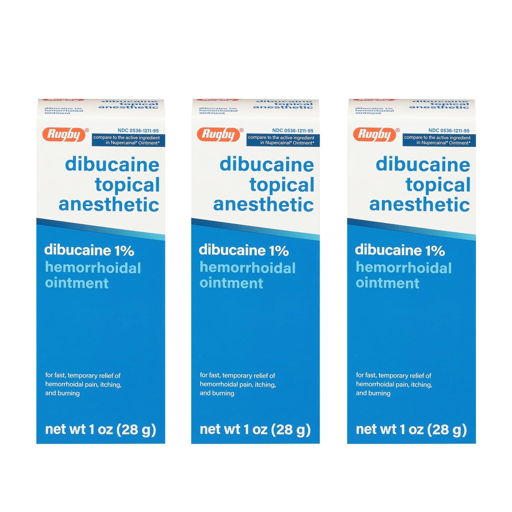 Rugby Dibucaine Topical Anestetic 1% Hemorroide Ointment - smerte lindring krem for kløe og brenning, hemorroide behandling, anti kløe krem 1 Oz (3 pakke)