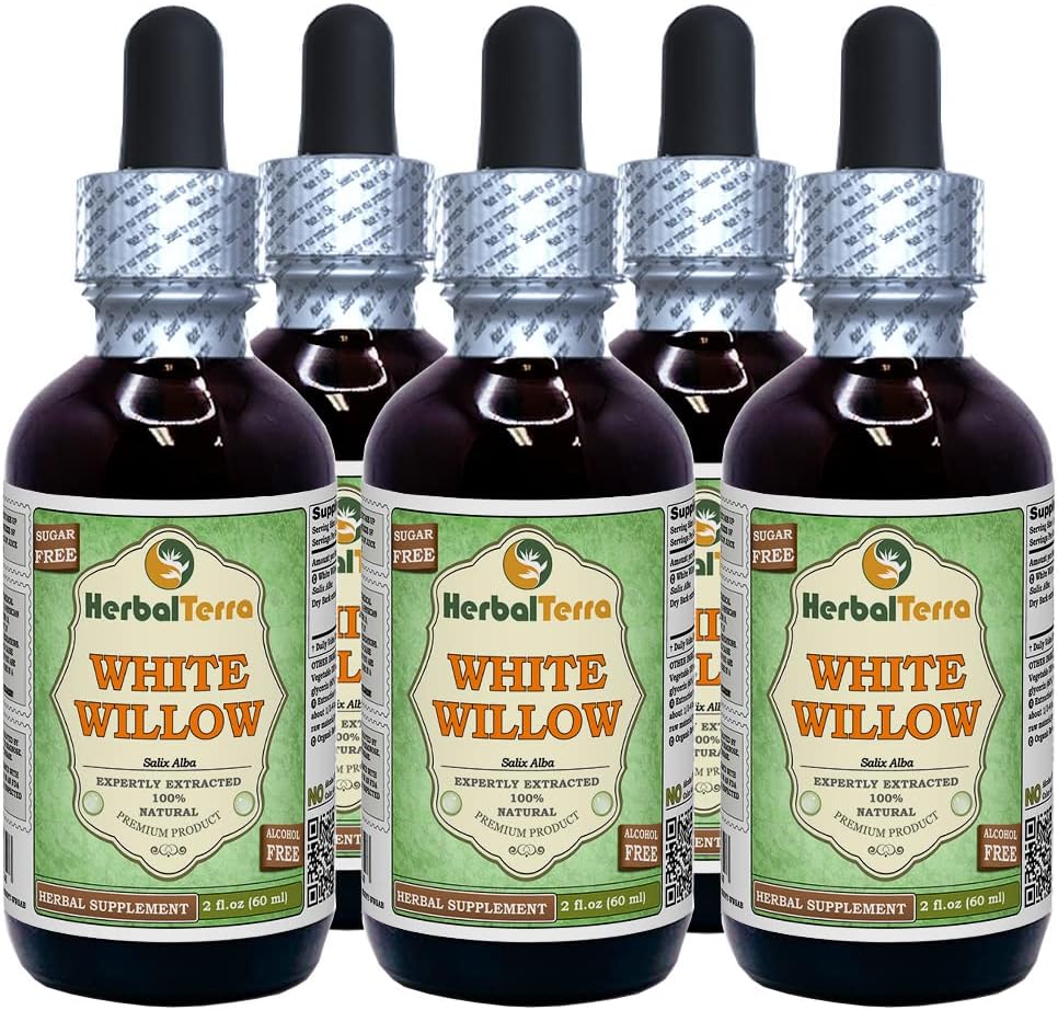 Hvit Willow (Salix Alba) Glyceritt, organisk tørket Bark alkohol-FREE flytende ekstrakt (Brand name: HerbalTerra, stolt laget i USA) 5x2 fl.oz (5x60 ml)