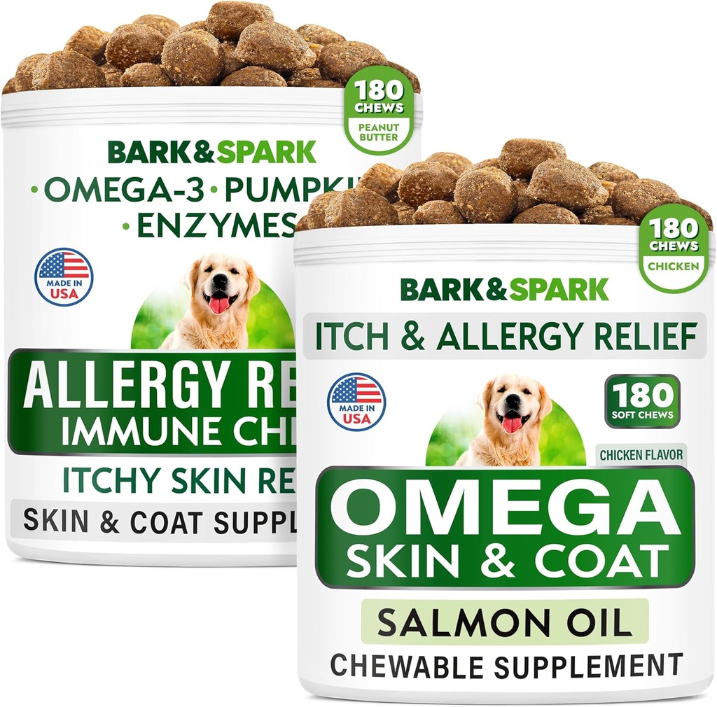 Allergy Relief + Omega 3 for hunder Bundle - Anti-Itch hud & Coat + hudallergi - Omega 3 Fish Oil + EPA & DHA Fatty Acid - kløe & Paw Licking + felles helse - 360 Chews - laget i USA