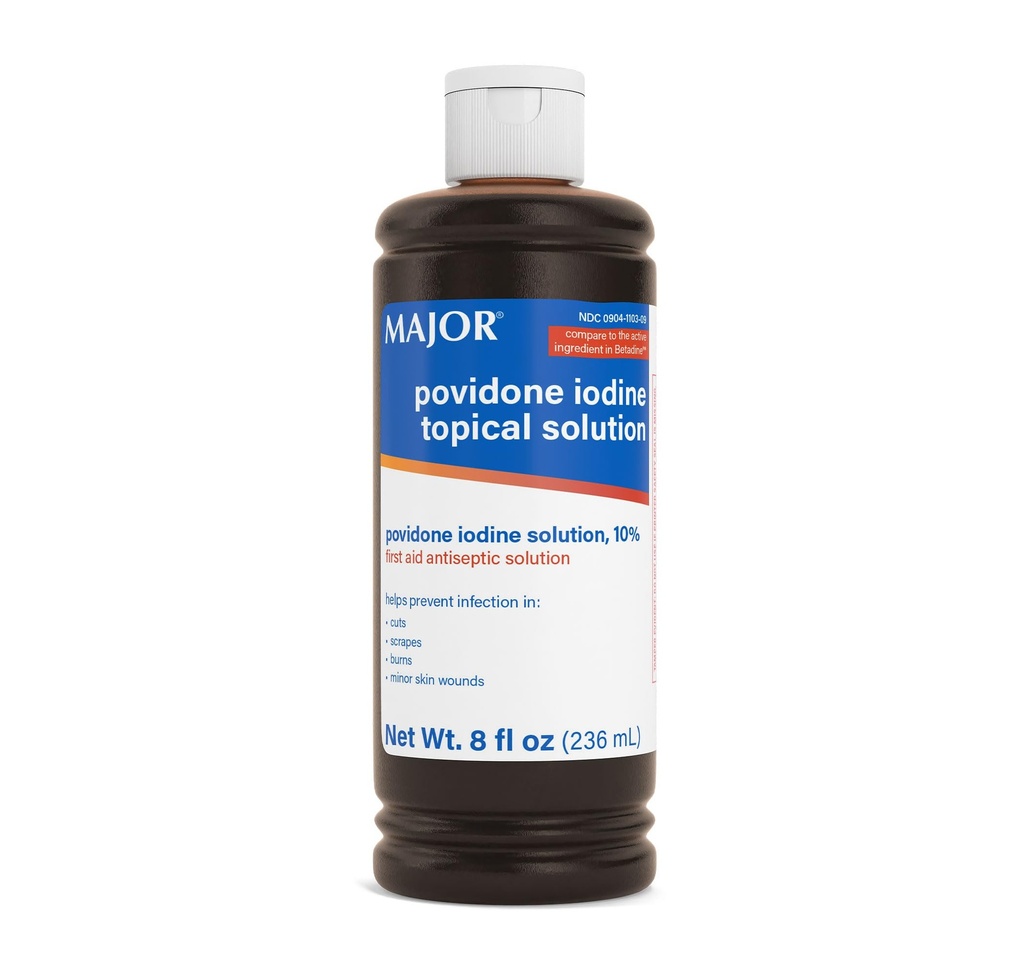 Major 10% Povidon-Iodine flytende temaløsning, USP - Topical Antiseptic for Cuts, Scrapes, Burns og mindre hud sår - 8 Fl. Oz.
