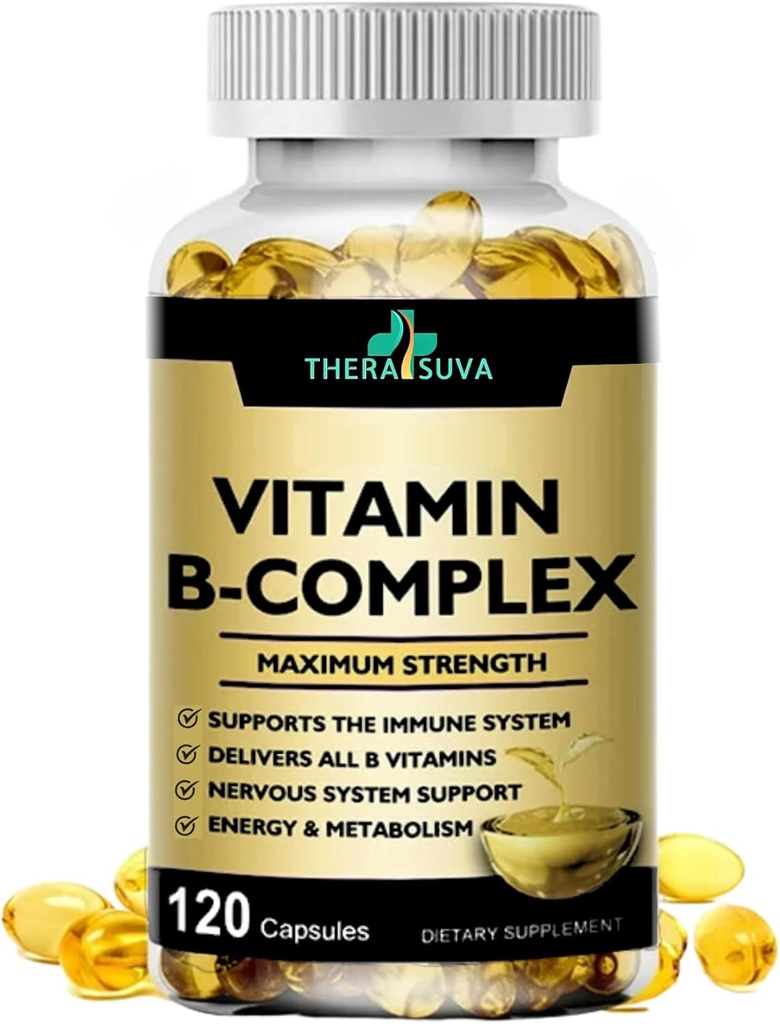 Max styrke vitamin B-Complex + CoQ10 + vitamin C – høy styrke naturlig kosttilskudd for energi og metabolisme støtte – 120 Softgels, 60 dagers forsyning