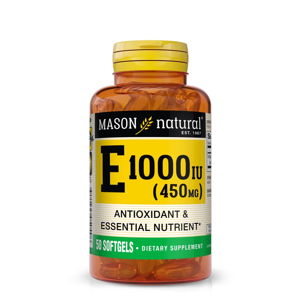 MASON NATURAL vitamin E 450 mg (1 000 IE) - Antioksidant og essensiell næringsstoff, sunn immunsystem, hud og øyne, hele kroppens kosttilskudd, 50 Softgels