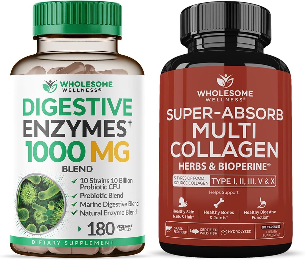 Helsome Wellness Digestive Enzymes 1000MG Plus Prebiotika & Probiotika Supplement + Super-Absorb Multi Collagen piller (type II III V X) Organiske urter og Bioperine Bundle