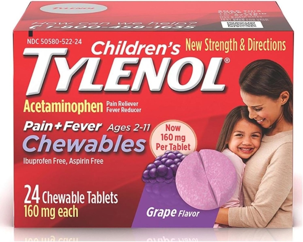 Tylenol Barnesmerter + feber Chewables tabletter 160 mg, Grape Flavor 24 ea (3 pakke)