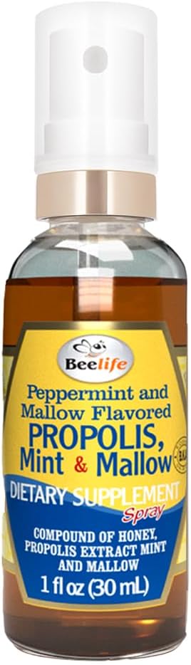 Beelife Propolis Throat Spray - Soothing Honning, Mint & Malva - Naturlig immunstøtte & Sore Throat Relief, Antioksidanter, Rik på Flavonoider & Artepillin C, Ingen Sukker, Glutenfri - 1-Pack, 30ml