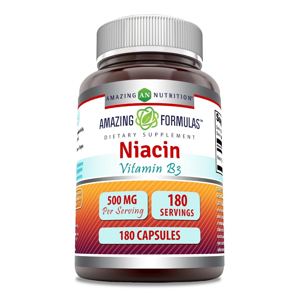 Amazing Formler Niacin Supplement ® 500 Mg Per Servering ® 180 Kapsler ® Ikke-GMO | Glutenfri | laget i USA