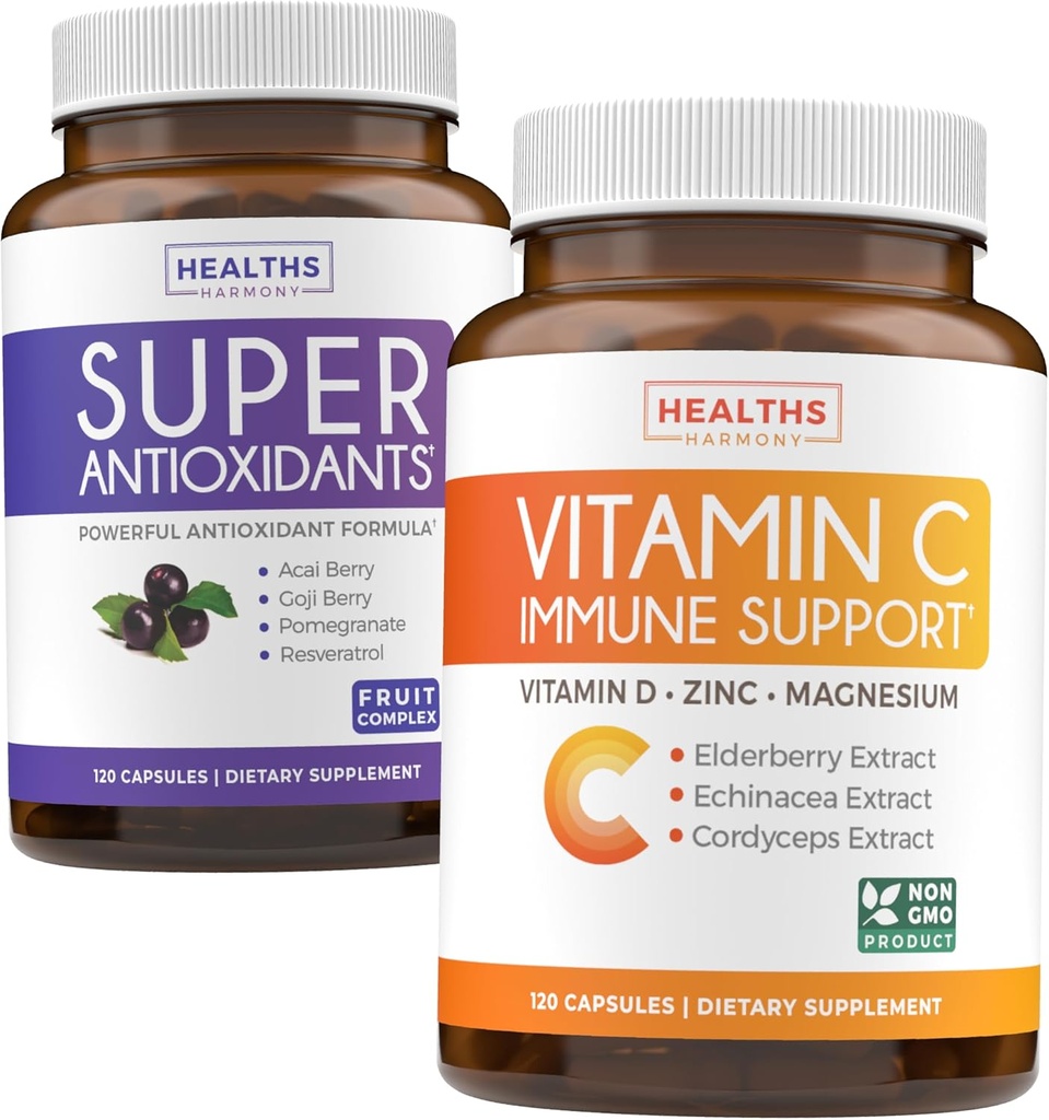 Antioksidanter og immunstøtte (2-måneders forsyning) Immunvitalitetsblanding - Super Antioksidanter - Kraftig Super Food Daglig blanding (120 Caps) & Immune Support Supplement med eldrebær vitamin C og sink