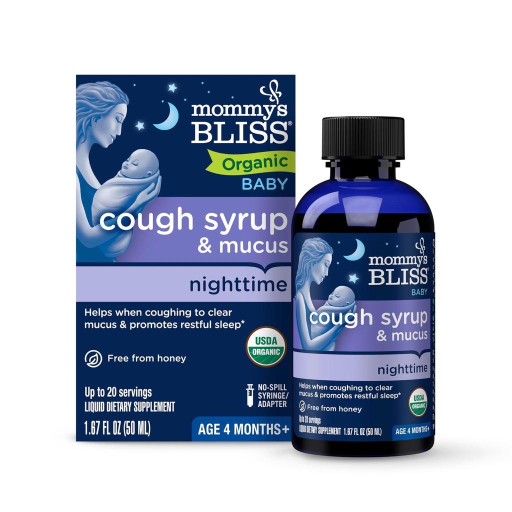 Mammas Bliss Organic Baby Cough Syrup & Mucus Night Time, inneholder organisk agave og Ivy Leaf, laget for babyer 4 måned+, 1.67 Fluid Ounces
