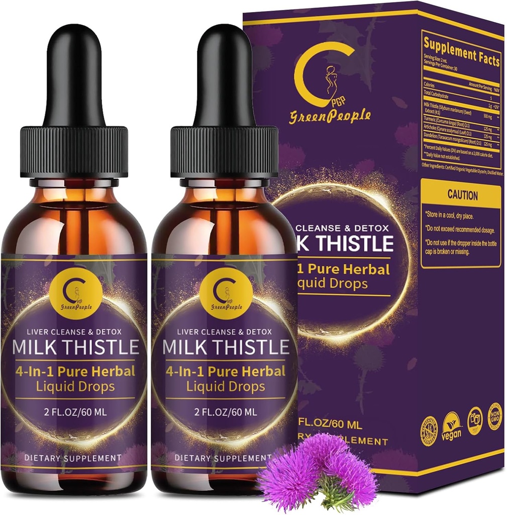 (2 pakke) Melk Thistle flytende dråper for lever rengjøring Detox & Repair, Melk Thistle Supplement med Dandelion Root, Artichoke & Turmeric for lever støtte og immun helse, Vegan, Ikke-GMO, 4 FL OZ