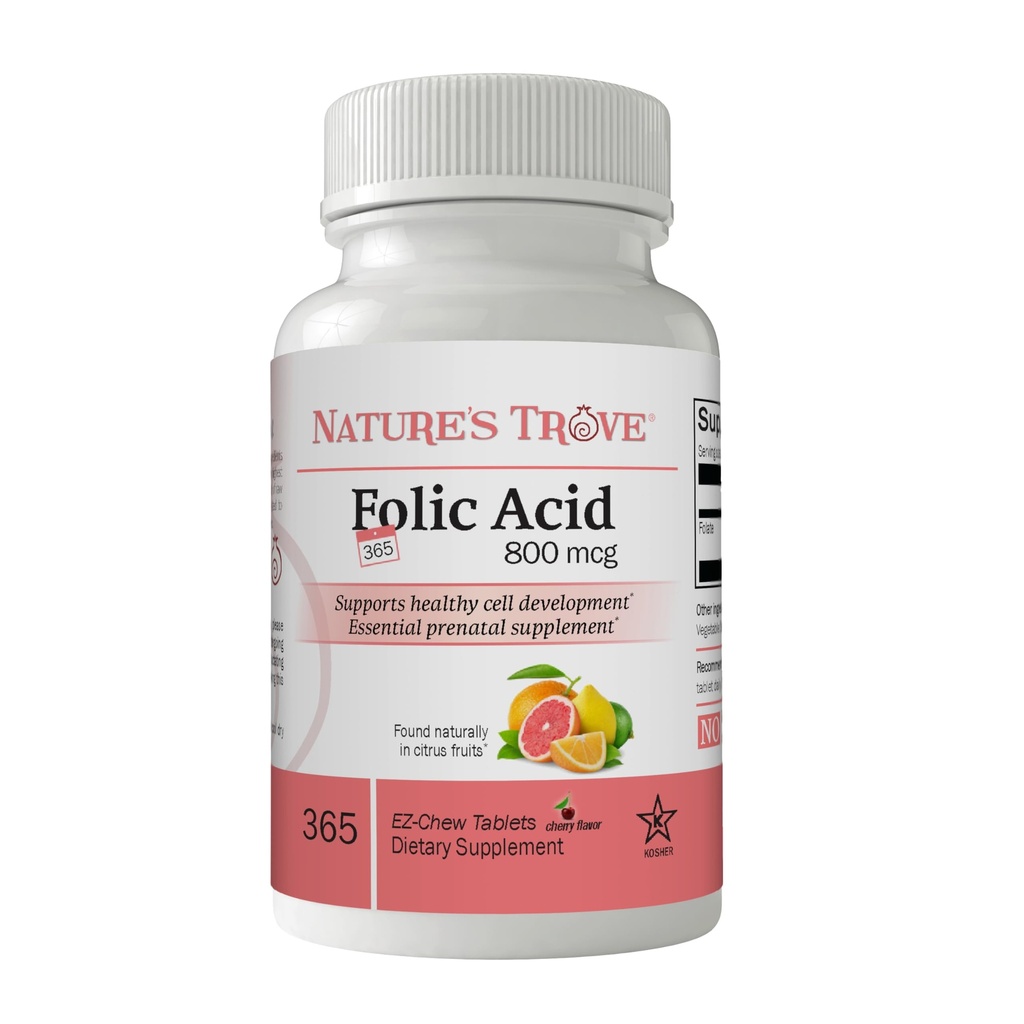 Naturens Trove Folinsyre 800 mikrog (B9 vitamin) 365 EZ Chew tabletter Cherry Flavor