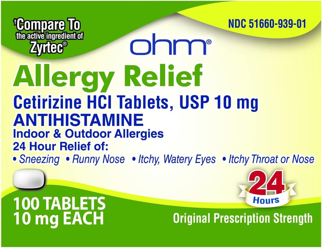 Ohm Cetirizine 10 mg tablett - Heldag Allergi Relief - 100 greve - Anti-Histamin for Hay Fever, Pollen, Tørr kløende øyne - Effektiv relief fra hele dagen Allergier