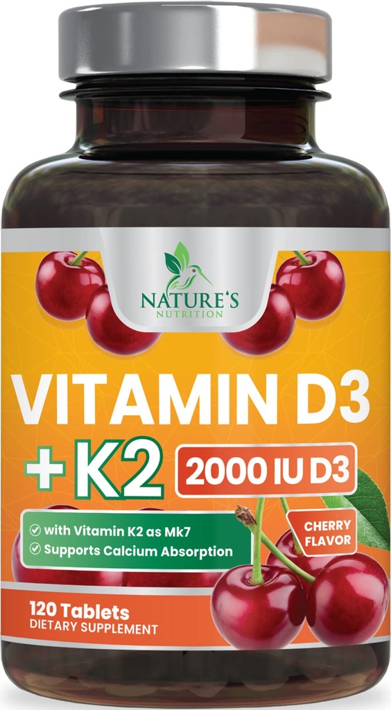 Vitamin D3 K2 2000 IU Plus med K2 (MK-7) 75 mikrog - Vitaminer D & K Complex Supplement for bein, tenner, muskel, kalsiumabsorpsjon, støtter immun- og hjertehelse, ikke-GMO Chewable formel - 120 tabletter