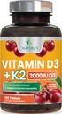 Vitamin D3 K2 2000 IU Plus med K2 (MK-7) 75 mikrog - Vitaminer D & K Complex Supplement for bein, tenner, muskel, kalsiumabsorpsjon, støtter immun- og hjertehelse, ikke-GMO Chewable formel - 120 tabletter