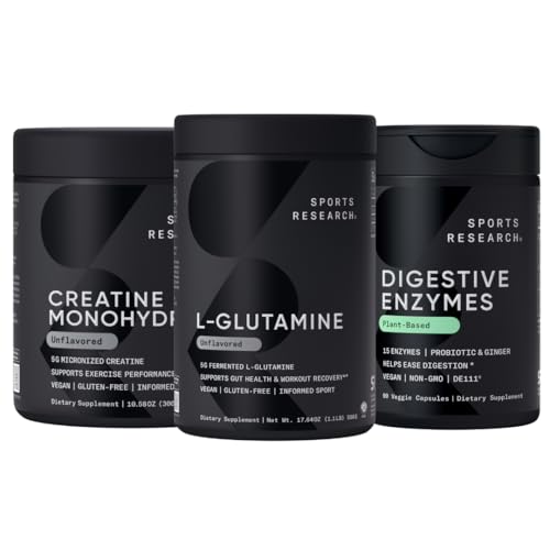 Idrettsforskning L-Glutamine (100 serveringer), Kreatinmonohydrat (60 serveringer) og Digestive Enzymer med Probiotika og Ginger (90 serveringer) - Alle ikke-GMO verifisert, Vegan & Glutenfri