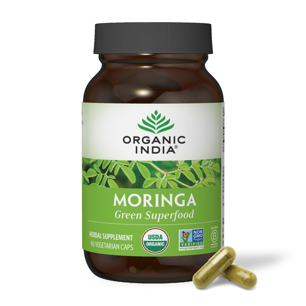 ORGANIC INDIA Moringa Capsules Organic - Moringa Supplement - Grønn Superfood, Moringa Leaf Capsules, Pure Supergreen, Vegansk Grønn, Naturens Multivitamin, Vegansk, Glutenfri - 90 Kapsler