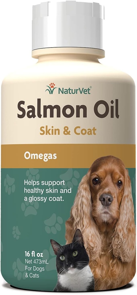 NaturVet Salmon Olje Hud Supplement for hunder og katter - Inkluderer Omega-3, 6 fettsyrer - For sunn hud, Glossy Coats - Hunde Coat Supplement, Cat Skin Supplement - 16 Oz.