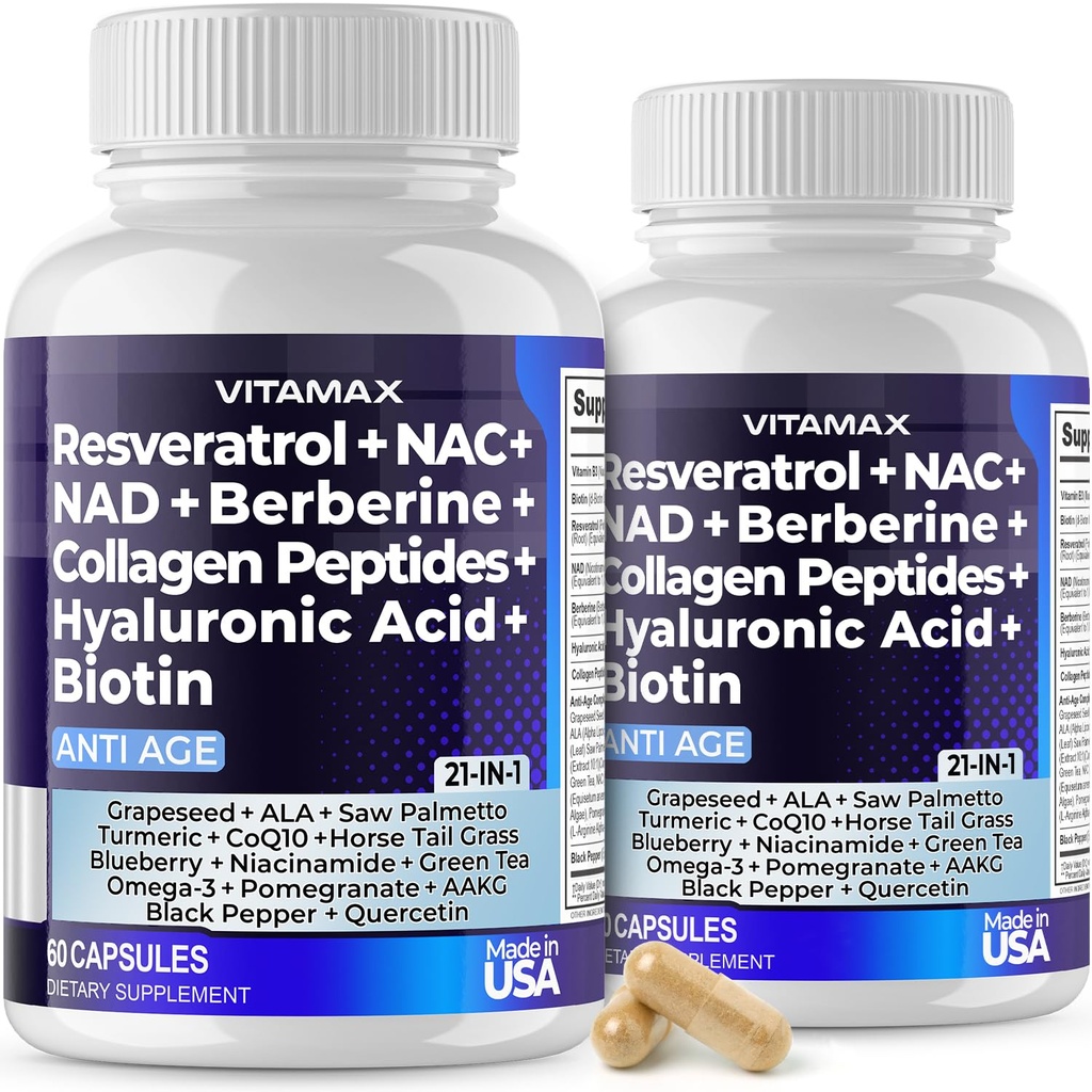 Vitamax Resveratrol NAD+ Berberine Hyaluronsyre - Biotin Grape & Blueberry + NAC - Collage Peptides - Hår, Nagel, Hud & Felles Supplement - 21-i-1 kvinner og menn - laget i USA - 120 greve