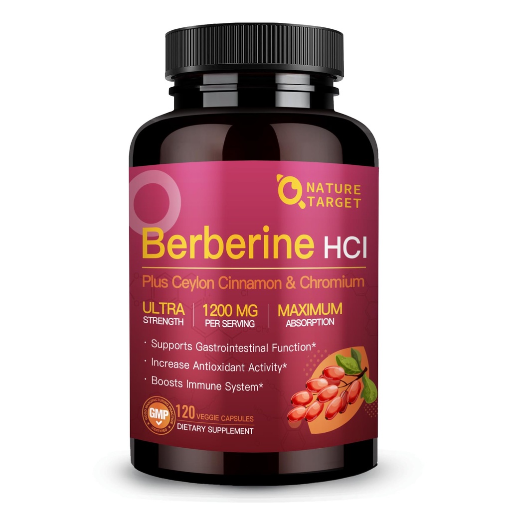 NATURE TARGET Berberine HCl 1200 mg, Berberine Supplement med Ceylon Cinnamon, Chromium - støtter immun, gastrointestinal og hjerte helse, ikke-GMO, 120 kapsler