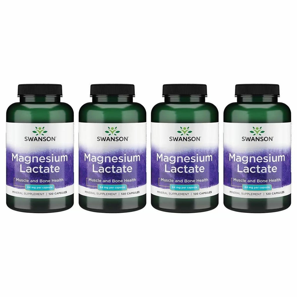 Swanson Magnesium Lactate - Mineral Supplement som fremmer muskel- og beinhelsestøtte - Lactate Free Lactate Mineral Form for Gentle Absorpsjon - (120 kapsler, 84 mg hver) 4 Pack