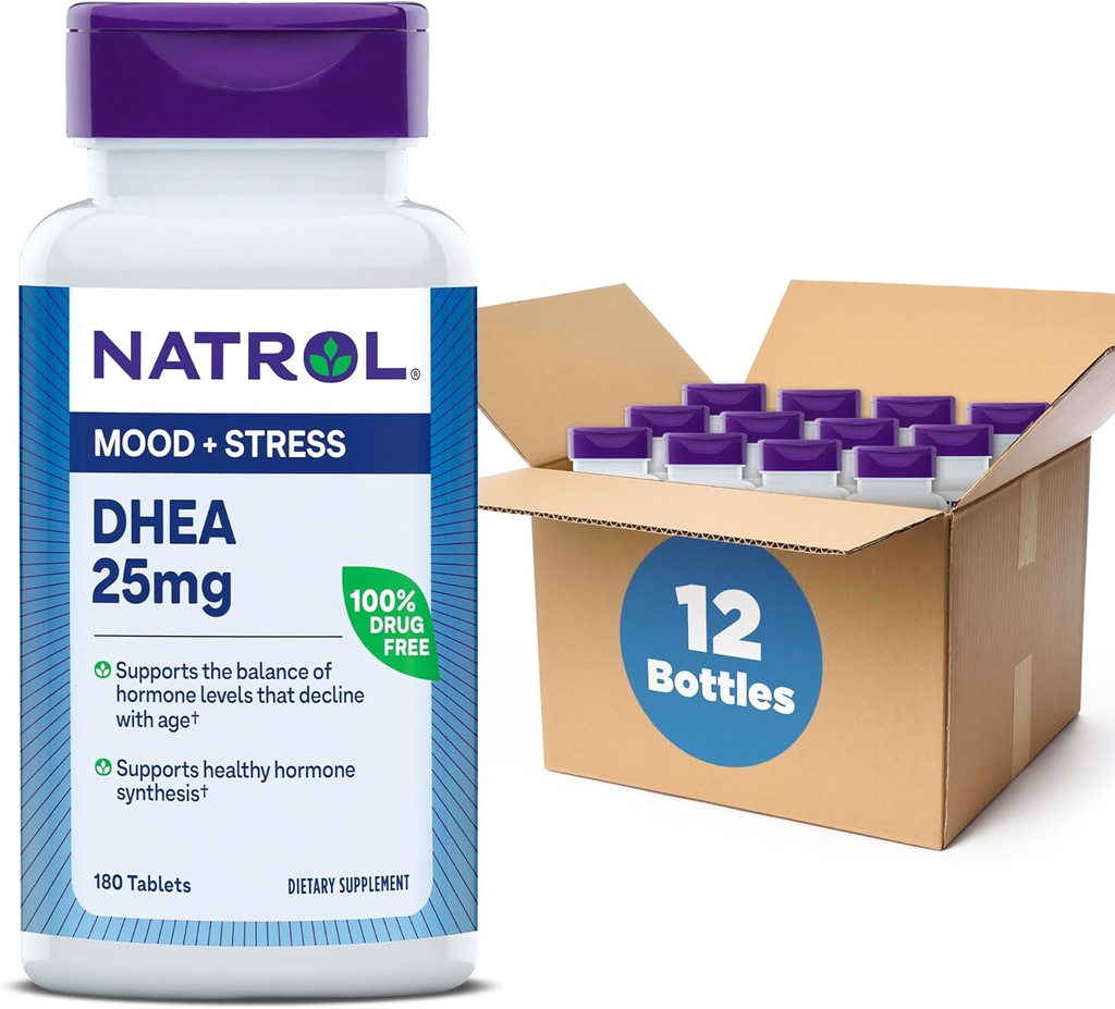 Narol Mood & Stress DHEA 25mg med kalsium, kosttilskudd for balanse av visse hormonnivå og Mood støtte, 180 tabletter, 180 dagers forsyning (pakke med 12)