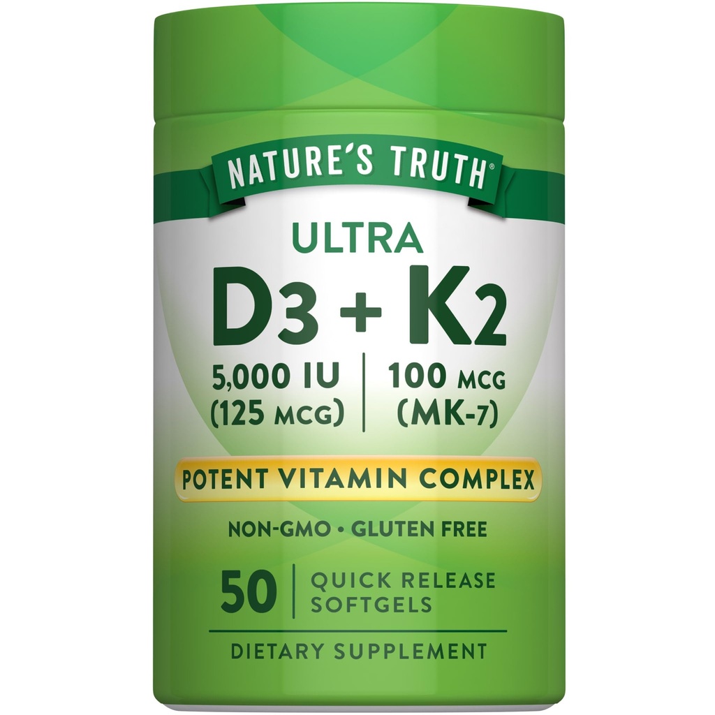 Naturens sannhet vitamin K2 MK7 Kompleks | 100 mikrog | 50 Softgels | med D3 | Ikke-GMO & Glutenfri Supplement