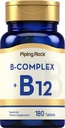 Piping Rock Vitamin B Kompleks | 180 Tabletter | Med B12 | Vegetarisk, Ikke-GMO, Soja Gratis Supplement