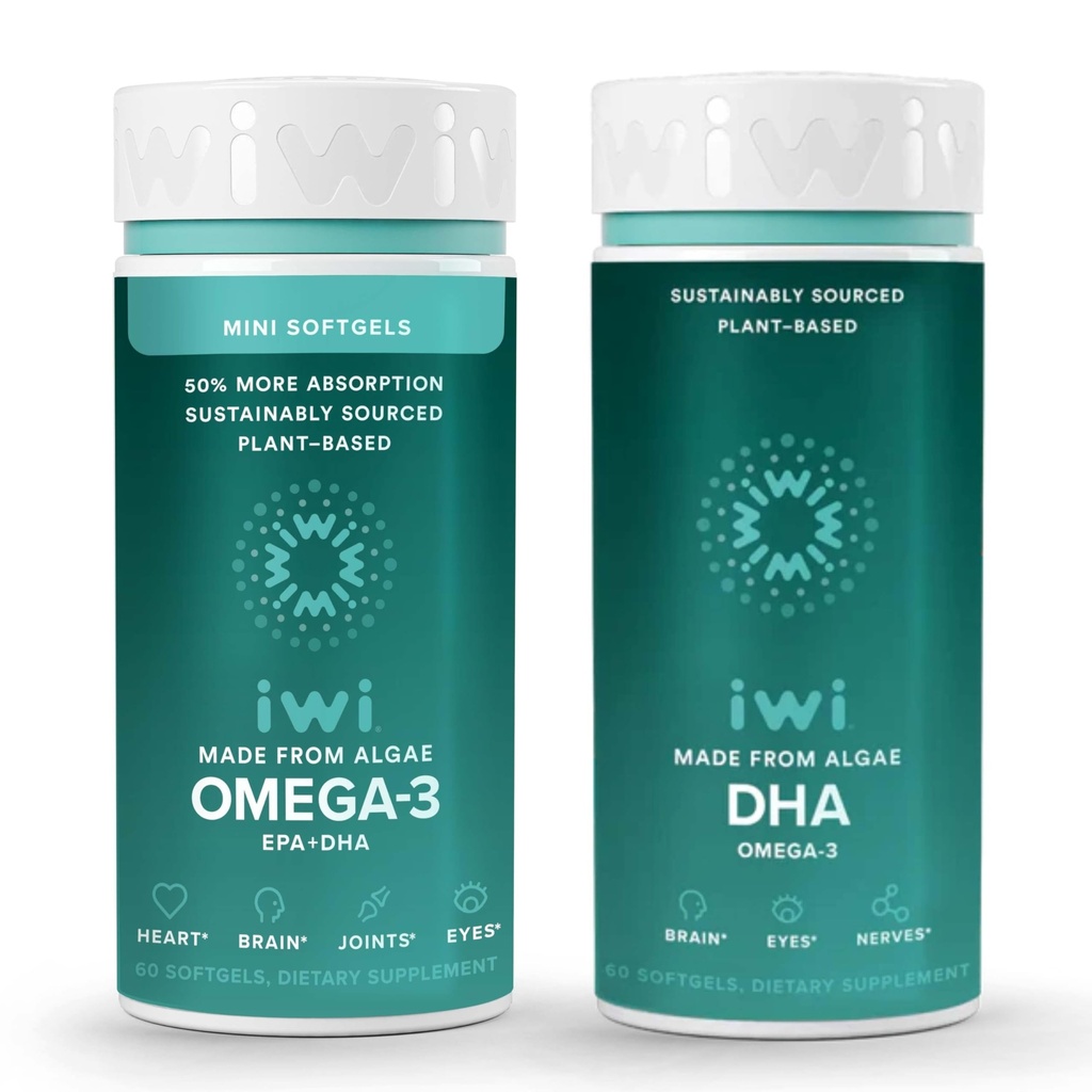 Iwi Omega-3 Minis & DHA Omega-3 Bundle, 30 Serveringer, Vegansk Plantebasert Algae Omega 3, Krill & Fish Oil Alternative, Ingen Fiskig Ettersmak