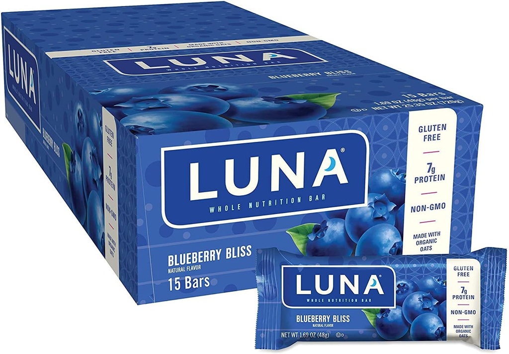 LUNA BAR - Glutenfri Snack Barer - Blåbær Bliss Flavor - 7g protein - Ikke-GMO - Plantebasert helhetlig Snacking - På farten Snacks (1,69 Ounce Snack Bars, 15 greve)