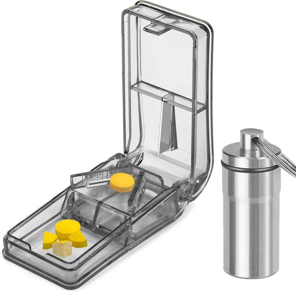 JohnBee Pill Cutter Best Pill Cutter for små eller store piller | Designet i USA | Cuts vitaminer | Piller Splitter med Shield | Inkluderer Keychain Pill Holder (Gray)