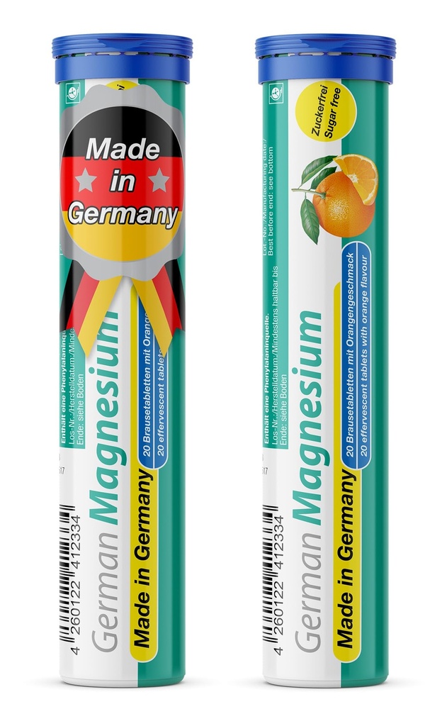 Tysk Magnesium Oxid Supplement | Effervescent tabletter | Orange Flavor – 200 mg Magnesium per Serving | Sukkerfri, Vegan – T&D Pharma – laget i Tyskland