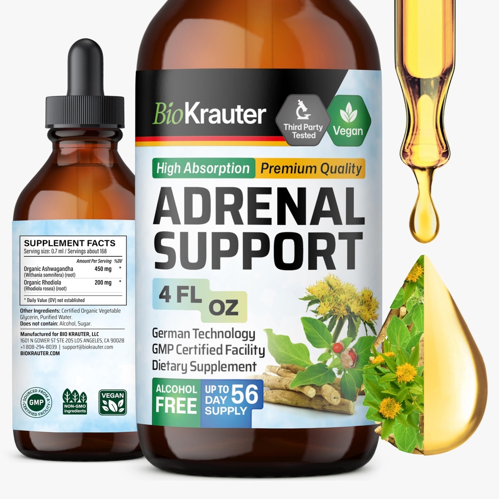 BIO KRAUTER Adrenal Support Tinkture - Rhodiola & Ashwagandha Supplements - Vegan Mood Support Drops 4 Fl.Oz.