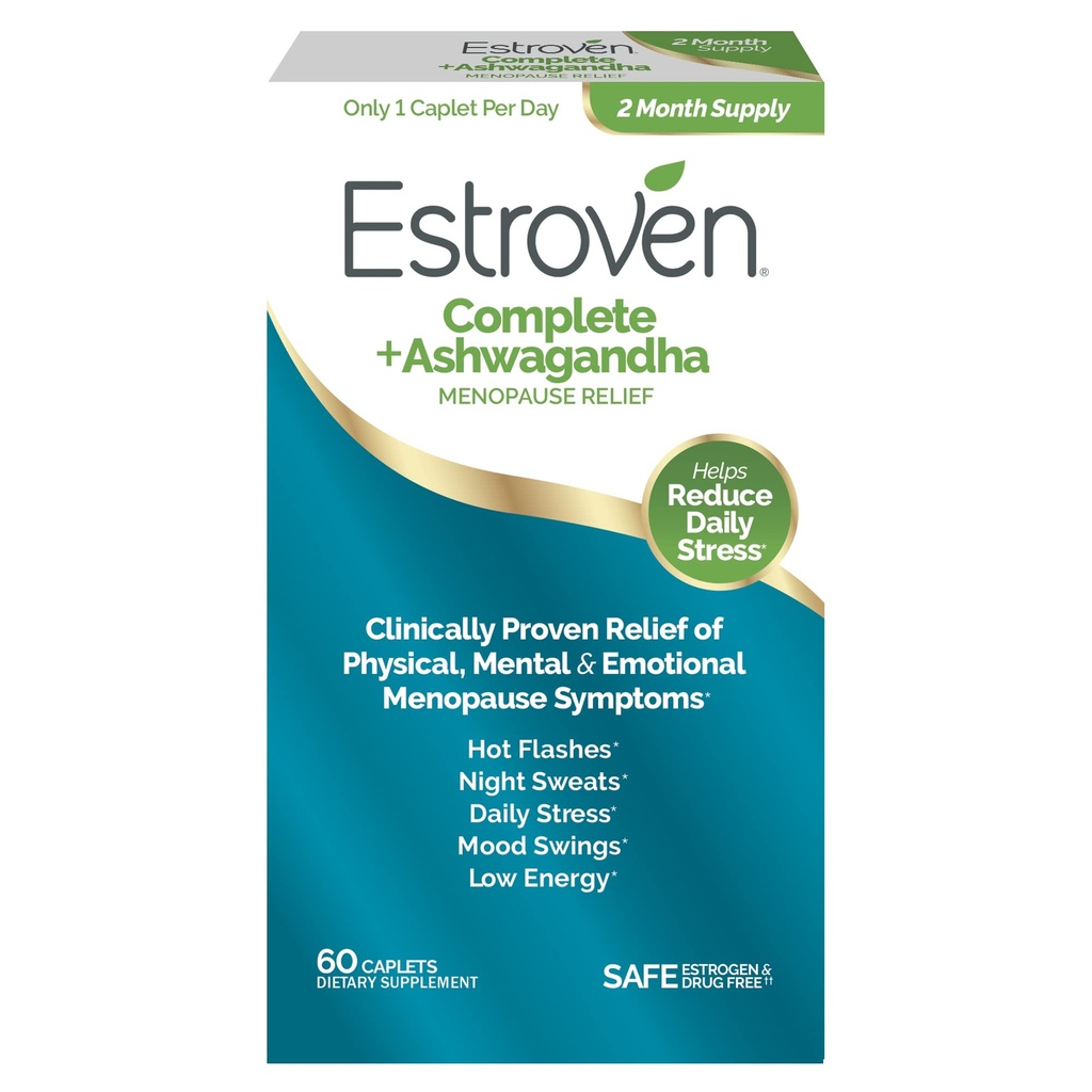 Estroven Complete + Ashwagandha Multi-Simptom Menopause Supplement for kvinner - 60 Ct. - Klinisk bevist ingredienser gir Menopause Relief & Night Sweats + Hot Flash Relief * - Drug-free & Non-GMO