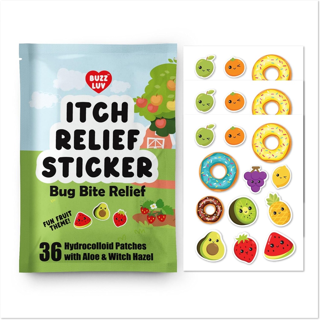 Hydrocolloid Itch Relief Patch, for Mosquitos, Billetter, Midger, Sandflies Bug bit Relief, Anti-Itch Patch med Aloe og heks Hazel, Insekt bit Relief, Kid-Friendly, Naturlig frukt tema