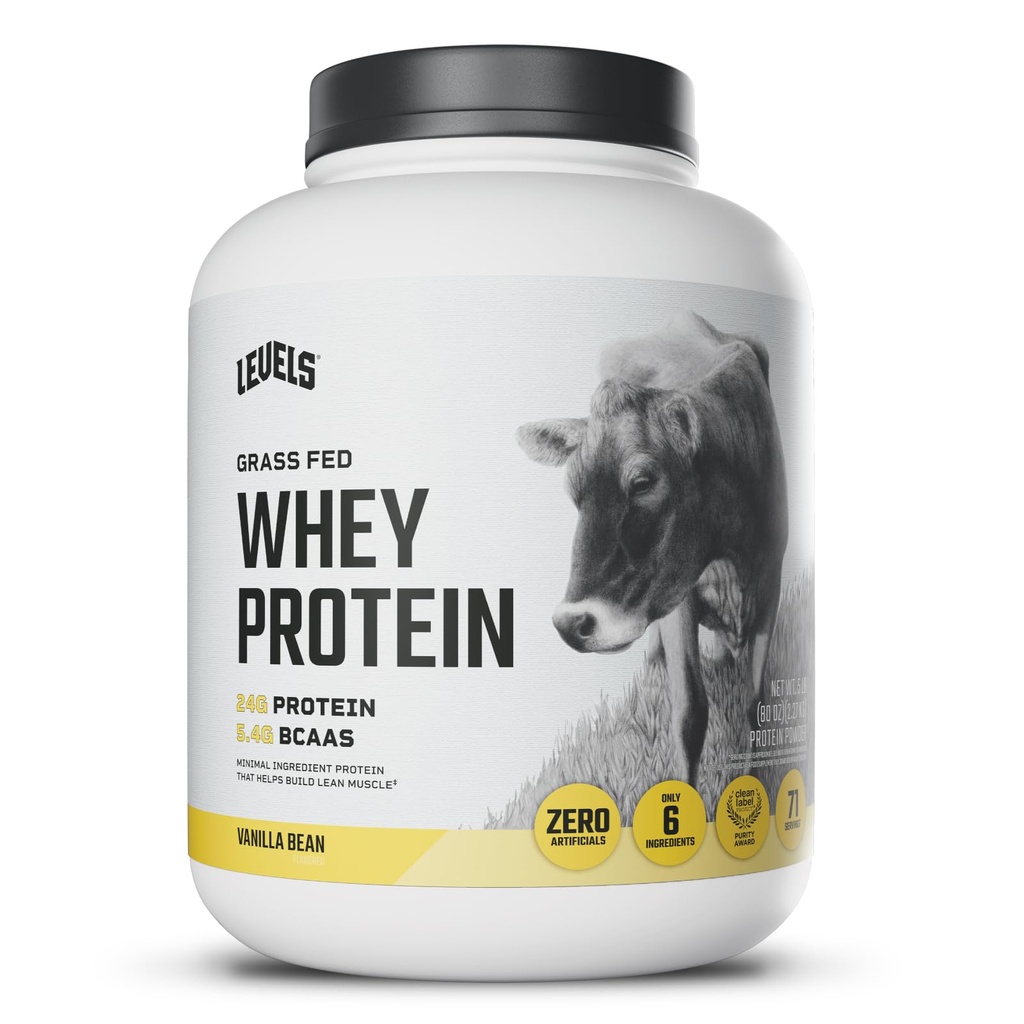 Nivåer Grass Fed Whey Protein Powder, Ingen kunstige stoffer, 24G av protein, Vanilla Bean, 5LB