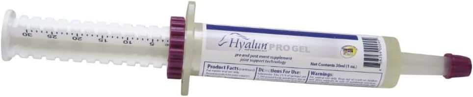 Hyalogisk Hyalun PRO Gel – Hyaluronsyre Hest Felles Supplement - Pre & Post Event Booster – 30cc Equine Syringe Oral – 3 Full administrasjons Hyalun 100mg ren hyaluronsyre (HA)