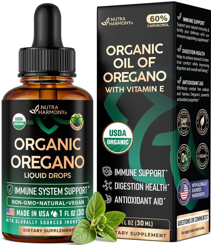 USDA Økologisk olje av Oregano - flytende dråper med vitamin E - laget i USA - Supplement for immunologisk støtte, Digestion Helse og antioksidant - Ikke-GMO, Naturlig, Vegan - Som piller, kapsler, Softgels 1 fl oz