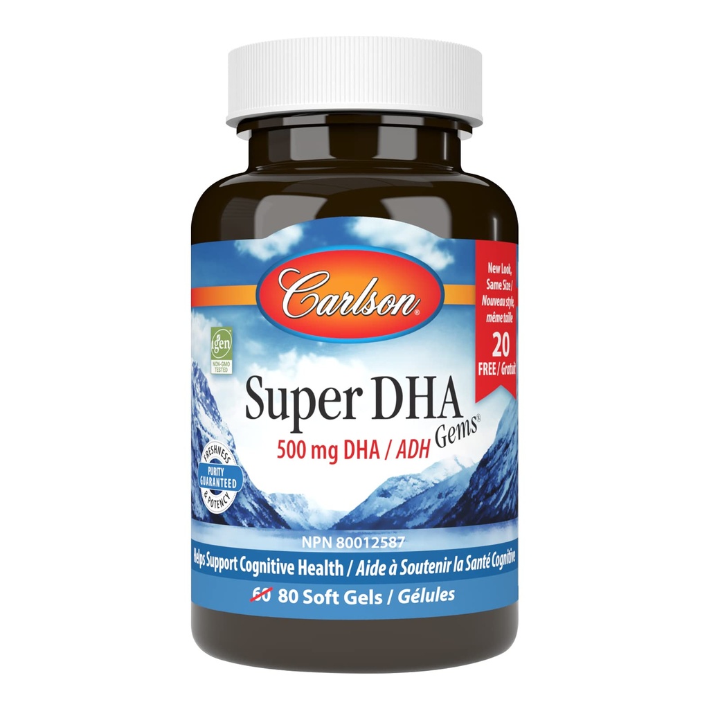 Carlson - Super DHA Gems, 500 mg DHA Supplements, 640 mg Fettsyrer, Wild-Caught Norsk Arctic Fish Oil Concentrate, Sustainly Sourced Nordic Fish Oil Capsules, 60 + 20 Softgels